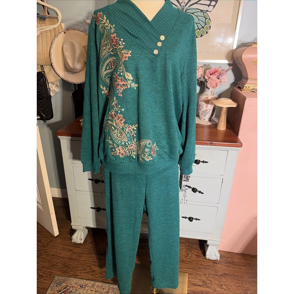 Women's Size XL Alfred Dunner Sweatsuit Dark Teal Long-Sleeve V-Neck. NWT